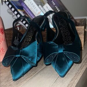 Express Dark Teal Satin Bow Heels